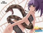  10s 1girl 2013 absurdres ass brown_eyes character_name fishnets forehead_protector from_behind headband highres jewelry johnathan_boykin looking_back mitarashi_anko naruto naruto_shippuuden necklace purple_hair smile snake 