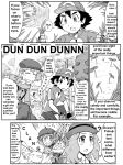  1boy 2girls ? blush gouguru kasumi_(pokemon) monochrome multiple_girls pokemon satoshi_(pokemon) serena_(pokemon) translated 
