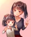  2girls age_difference bangs black_hair blush breasts brown_eyes collarbone double_v hair_ribbon hand_on_another&#039;s_head long_hair long_sleeves looking_at_viewer multiple_girls nishizawa open_mouth original ribbon shirt simple_background size_difference smile twintails upper_body v v-neck 