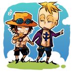  2boys belt blonde_hair bread chibi eating food freckles hat jewelry jolly_roger male_focus marco multiple_boys necklace one_piece open_clothes open_mouth open_shirt pirate portgas_d_ace purple_shirt sash shirt tattoo topless 