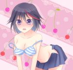  1girl blue_eyes blush bra breasts cherry food fruit kill_la_kill matoi_ryuuko short_hair skirt solo underwear 