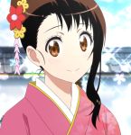  brown_eyes brown_hair hair_ornament japanese_clothes kimono nisekoi onodera_kosaki screencap short_hair sparkle 