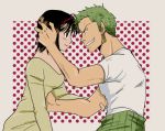  1boy 1girl black_hair glasses green_hair haramaki one_piece polka_dot roronoa_zoro shirt t-shirt tashigi 