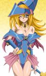  1girl bare_shoulders blonde_hair breasts bridal_gauntlets cleavage dark_magician_girl green_eyes hand_on_hip hat highres huge_breasts legs long_hair looking_at_viewer nel-zel_formula simple_background smile solo standing thighs wand wink wizard_hat yu-gi-oh! yuu-gi-ou_duel_monsters 