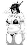  1girl bikini blush breasts greyscale headgear huge_breasts kantai_collection long_hair monochrome nagato_(kantai_collection) plump shirt_lift solo standing sweat swimsuit synecdoche thick_thighs thighs 