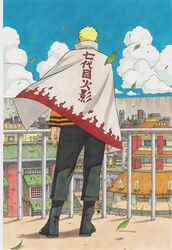  1boy absurdres back blonde_hair blue_sky city cloak clouds highres kishimoto_masashi leaf naruto official_art rooftop sky solo spiky_hair spoilers standing uzumaki_naruto volume_cover 