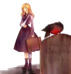  1girl bandage batman_(series) bird blonde_hair blue_eyes dc_comics dress highres long_sleeves purple_dress robin robin_(bird) sling stephanie_brown suitcase tombstone 