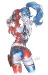  ass batman_(series) breasts cleavage dc_comics elias_chatzoudis gun harley_quinn lipstick looking_at_viewer makeup multicolored_hair thigh-highs twintails weapon 