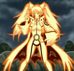  1girl animal_ears animated animated_gif aura breasts fiery_aura genderswap glowing gluteal_fold hand_on_hip kyuubi_(naruto) large_breasts long_hair naruko naruto navel red_eyes slit_pupils smile solo twintails v whiskers 