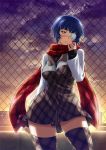  00s 1girl blue_hair box breasts brown_legwear contrapposto eyepatch gift gift_box green_eyes ikkitousen jpeg_artifacts large_breasts mole mole_under_eye mole_under_mouth official_art outdoors red_scarf ryomou_shimei sad scarf short_hair solo standing thigh-highs 