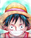  1boy hat male_focus monkey_d_luffy one_piece smile solo straw_hat teeth traditional_media vest 