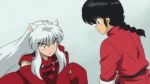  2boys animated animated_gif black_hair creator_connection crossover inuyasha inuyasha_(character) japanese_clothes male_focus multiple_boys ranma_1/2 saotome_ranma seiyuu_connection silver_hair 