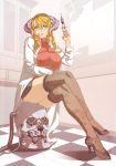  1girl artist_request blonde_hair breasts glasses high_heels horns indoors labcoat large_breasts long_hair looking_at_viewer mammon_(the_seven_deadly_sins) medical miniskirt patterned_legwear ribbed_sweater sitting skirt solo sweater syringe tagme the_seven_deadly_sins thigh-highs 