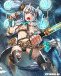  1girl belt blue_eyes electricity highres horns midriff official_art original pointy_ears remana short_hair silver_hair solo thigh-highs weapon 