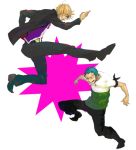  2boys blonde_hair fighting green_hair haramaki male_focus multiple_boys one_piece roronoa_zoro sanji suit 