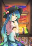  1girl blue_bow blue_hair bottle bow cowboy_shot dress fingers_to_mouth food from_behind fruit fuussu_(21-kazin) hat head_tilt highres hinanawi_tenshi indoors layered_dress leaf long_hair looking_at_viewer looking_back peach puffy_short_sleeves puffy_sleeves red_eyes red_sky shelf short_sleeves sky solo sunset touhou window 