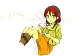  1girl akagami_no_shirayukihime bandage bandanna boots dress green_eyes redhead saucer shirayuki_(akagami_no_shirayukihime) sitting solo steam teacup 