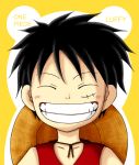  1boy closed_eyes copyright_name hat headwear_removed male_focus monkey_d_luffy one_piece red_vest smile solo stampede_string straw_hat teeth vest 