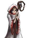  1girl black_hair ceramic_man female final_fantasy hood robe smile solo staff white_mage 