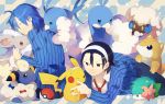  2boys altaria alternate_color blue_hair cinccino hairband manami_sangaku mareep multiple_boys pikachu poke_ball pokemon sandshrew shaymin shiny_pokemon swablu toudou_jinpachi whimsicott yowamushi_pedal 