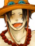  1boy fire freckles hat jewelry male_focus necklace one_piece open_mouth portgas_d_ace smile solo stampede_string tattoo topless 