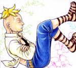  1boy abstract_background blonde_hair capri_pants crossed_arms lowres male_focus marco one_piece open_clothes open_shirt pants sandals shirt sitting tattoo white_background whitebeard_pirates 