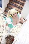  1girl asian blonde_hair breasts brown_eyes chouzuki_maryou cleavage cosplay dirndl garden german_clothes headphones jewelry large_breasts necklace nitroplus photo plump short_hair solo star super_pochaco super_pochaco_(cosplay) thigh-highs 