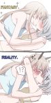  2girls anger_vein animal_ears blonde_hair blush closed_eyes comic couple eila_ilmatar_juutilainen fox_ears kiss lingerie long_hair multiple_girls sanya_v_litvyak short_hair silver_hair strike_witches translated underwear yukiiti yuri 