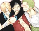  3boys bandage black_hair blonde_hair green_hair male_focus monkey_d_luffy multiple_boys one_piece roronoa_zoro sanji trio 