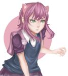  1girl annie_hastur artist_request backpack bag closed_mouth female green_eyes league_of_legends pink_hair short_hair short_sleeves solo white_background 