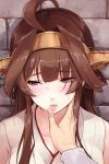 1girl ahoge bangs bare_shoulders blush breasts brick_wall brown_hair cleavage detached_sleeves double_bun finger_to_mouth from_above hair_between_eyes hairband headgear highres japanese_clothes kantai_collection kongou_(kantai_collection) lips long_hair looking_to_the_side nontraditional_miko out_of_frame parted_lips portrait pov pov_hands revision sleeveless solo_focus umakuchi_shouyu_(into-rain) violet_eyes 
