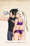  1boy 1girl ass gym gym_uniform highres long_hair naruto naruto_shippuuden ponytail r3ydart short_hair smile uchiha_sasuke yamanaka_ino 