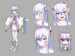  1girl :t albino blush boots character_sheet chibi facial_tattoo female grey_background hair_ornament highres long_hair original red_eyes simple_background smile solo sweatdrop tattoo tears tem+ vial white_hair 