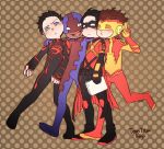  4boys bart_allen belt black_hair blue_eyes boots brown_hair bunker_(dc) cape copyright_name dark_skin dc_comics domino_mask ginkun kid_flash knee_pads male_focus mask multiple_boys polka_dot polka_dot_background red_robin s_shield smile superboy teen_titans tim_drake v 