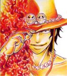  1boy fire freckles hand_on_headwear hat lowres male_focus one_piece portgas_d_ace solo stampede_string topless 
