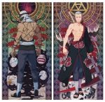  2boys akatsuki_(naruto) back chest cloak green_eyes grey_hair hidan highres kakuzu looking_at_viewer mask multiple_boys naruto naruto_shippuuden o_nigi_ri red_sclera scar scythe standing stitches torn_clothes violet_eyes weapon 