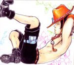  1boy hat jewelry lowres male_focus necklace one_piece portgas_d_ace shorts sitting solo tattoo topless whitebeard_pirates 