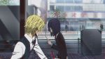  1boy 1girl animated animated_gif awakusu_akane bag black_legwear blonde_hair durarara!! heiwajima_shizuo pantyhose purple_hair skirt smile 