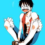  1boy closed_eyes lowres male_focus monkey_d_luffy one_piece open_mouth sandals scar shorts sitting smile vest 