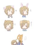  1boy 1girl :&lt; =_= animal_ears artist_request blush brown_hair cat_ears chibi comic dog_ears formal frown headphones headphones_around_neck idolmaster idolmaster_cinderella_girls jewelry looking_at_viewer necklace necktie open_mouth p-head_producer rabbit_ears school_uniform serafuku short_hair smile suit tada_riina translation_request triangle_mouth uniform white_background 