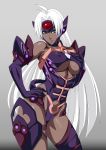  1girl android bare_shoulders blue_eyes breasts cleavage dark_skin elbow_gloves gloves lime_(purple_haze) long_hair nipples smile solo t-elos thick_thighs white_hair xenosaga xenosaga_episode_iii 