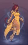  1girl boots breasts cat_ears cat_tail dark_skin dress facial_mark final_fantasy final_fantasy_xiv full_body gauntlets knee_up looking_at_viewer miqo&#039;te parted_lips side_slit smile solo soranamae tail yellow_dress 