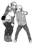  1boy 1girl boots braid breasts brother_and_sister cellphone coat denim eyebrows hair_bobbles hair_ornament huge_breasts jeans long_hair monochrome open_mouth original pants pantyhose phone scarf short_hair shorts siblings simple_background smile synecdoche thick_thighs thighs tongue tongue_out twin_braids v white_background 