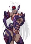  1girl android bare_shoulders blue_eyes breasts cleavage dark_skin elbow_gloves gloves lime_(purple_haze) long_hair nipples simple_background smile solo t-elos thick_thighs white_hair xenosaga xenosaga_episode_iii 