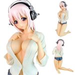  1girl ass blush breast_suppress breasts cleavage figure headphones large_breasts nitroplus no_bra open_clothes open_shirt pink_hair red_eyes shirt short_shorts shorts sleeves_pushed_up solo super_sonico upper_body 