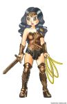  1girl amazon armor black_hair brown_eyes chibi dawn_of_justice dc_comics dccu greaves lasso pteruges sandals simple_background solo sword tiara vambraces voxvulpina wedge_heels white_background wonder_woman wonder_woman_(series) 