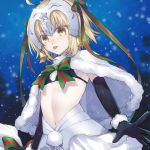  1girl angry bell bikini_top blush citron_82 fate/apocrypha fate/grand_order fate_(series) flat_chest gloves hair_ornament jeanne_alter jeanne_alter_(santa_lily)_(fate) looking_at_viewer navel night ruler_(fate/apocrypha) santa_costume short_hair snow solo tongue tongue_out white_background white_hair yellow_eyes 