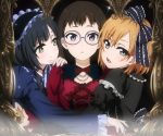  3girls black_hair blush brown_hair frills glasses gothic_lolita green_eyes highres iguchi_yumi lolita_fashion long_hair maid_headdress miyamori_aoi multiple_girls open_mouth screencap shirobako short_hair yasuhara_ema yuri 