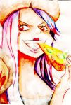  1girl eating food hat jewelry_bonney one_piece piercing pink_hair pizza 
