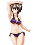  1girl armpits bikini breasts brown_eyes brown_hair cleavage commentary_request cowboy_shot girls_und_panzer groin large_breasts looking_at_viewer multicolored multicolored_bikini multicolored_clothes navel nishizumi_maho rhun short_hair side-tie_bikini simple_background solo swimsuit white_background 